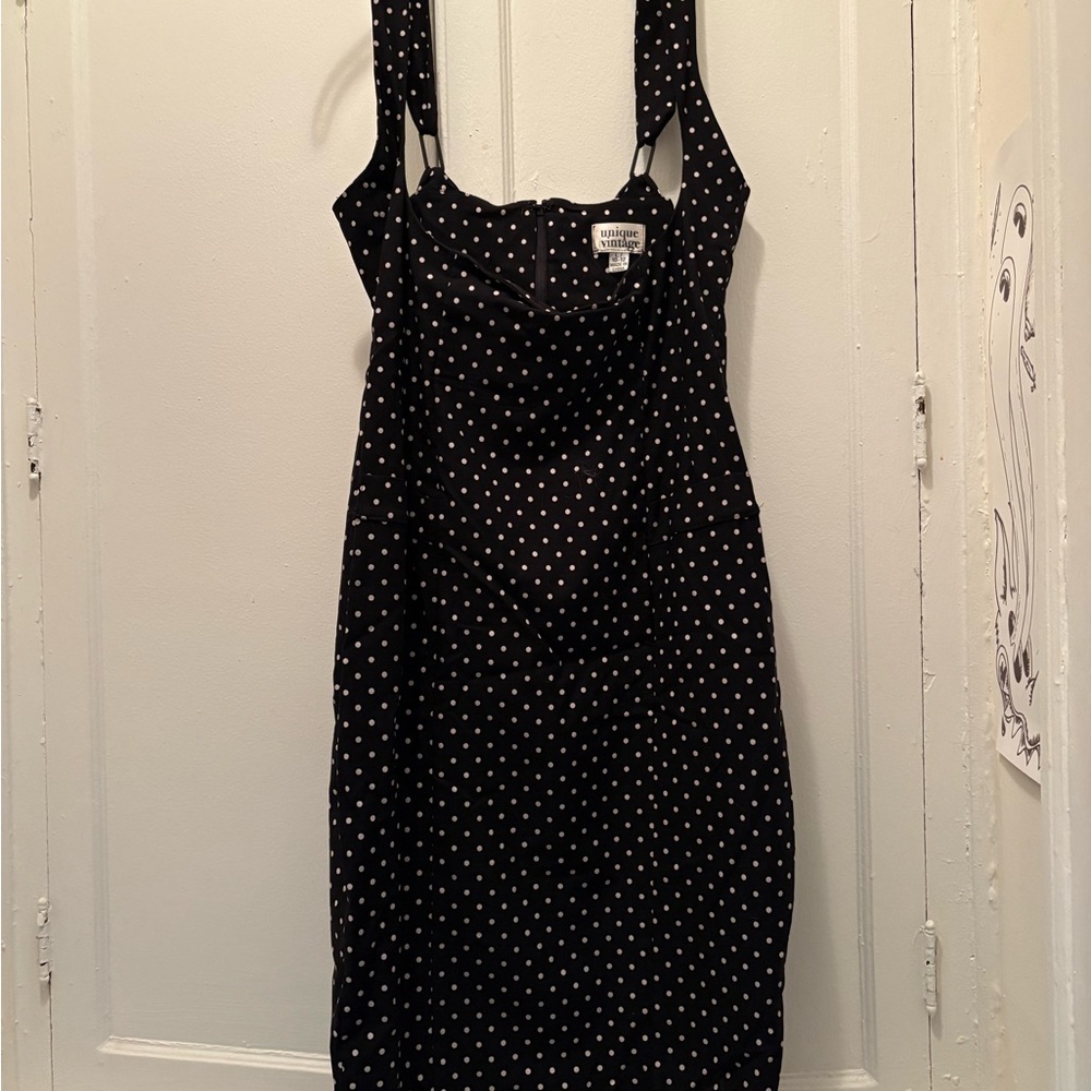 Unique Vintage Black Polka Dot suspender skirt in Large